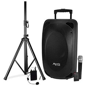 Draagbare Pro luidspreker, 2 x 8 inch, 400/800 W, Audio Club MOOV28, USB BT Line FM, accu, UHF-microfoons + standaard
