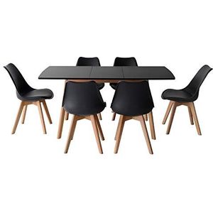 Uittrekbare tafel 120/160cm HELGA en 6 stoelen NORA zwart
