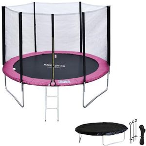 Happy Garden pakket Premium Ronde tuintrampoline voor kinderen 305cm omkeerbaar roze/grijs ADELAÏDE + net, ladder, dekzeil en verankeringsset, eenvoudige montage