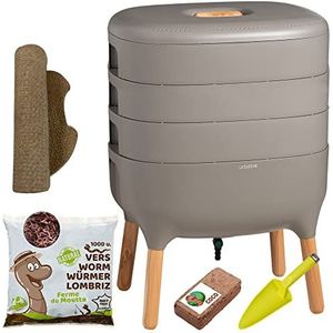 Moutta | Urbalive 3 bakjes Grijs, Complete Kit I Wormenbak Design I 500gr Compostwormen I Startersubstraat I Hennepmat + Schep I Binnen, balkon en tuin
