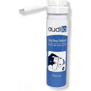 Audilo - Reinigingsspray voor gehoorapparaten, oorkussens en oordopjes, spray met borstelopzetstuk, accessoires voor het reinigen van hoorapparaten, desinfectiespray, 110 ml (75 ml net)