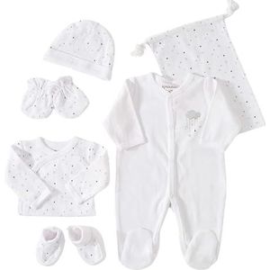 KINOUSSES - 6-delige geboorteset - 0 maanden - wit fluweel - wolkenpatroon - (pyjama, bodysuit, muts, wanten, pantoffels en opbergtas) - cadeau voor baby's, uniseks, jongens en meisjes