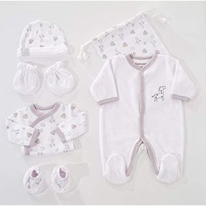 KINOUSSES - 6-delige geboorteset - 1 maand - wit fluweel - giraffenpatroon - (pyjama, bodysuit, muts, wanten, pantoffels en opbergtas) - cadeau voor baby's, uniseks, jongens en meisjes