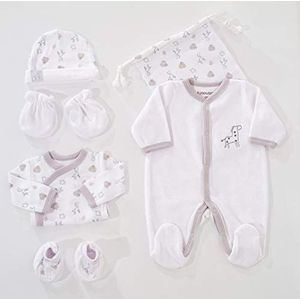 KINOUSSES - Geboorteset 6-delig - 1 maand - wit fluweel - motief giraffe - (pyjama, body, muts, wanten, pantoffels en opbergzak) - cadeau voor baby's, uniseks, jongens en meisjes