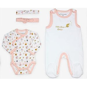 KINOUSSES - Set voor de geboorte ""liefdesbloem"" – 4-delig (slabbroek, body en 2 haarbandjes) – velours – meisjes – 0 maanden