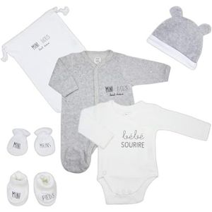 Trois Kilos Sept - 6-delige geboorteset (bodysuit, muts, pantoffels, wanten, tas, pyjama) – 0 maanden – mini ons