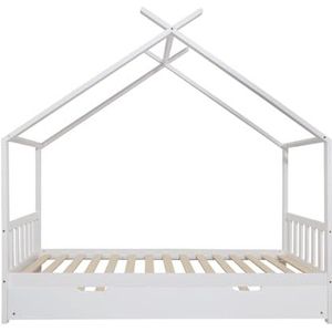 ONEIROI - Kinderhutbedset met hoofdeinde en lattenbodem - Onderschuifbed op wielen - Wit bed en onderschuifbed - grenenhout