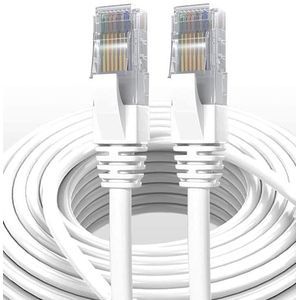 Elfcam® - 8 meter Ethernet-kabel Cat 7 rond, LAN/WLAN-kabel met vergulde RJ45-stekker, netwerkkabel 100% koper stijve installatiekabel, SFTP, 28 AWG, wit, 8 m