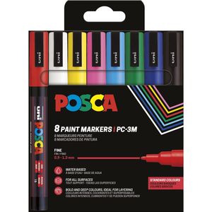 Uni-Ball 186558 POSCA PC-3M acrylstiften, permanent, 0,9-1,3 mm, ronde punt, 8 stuks