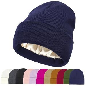 No Static-No frizz-No Tangle Satin Lined Beanie Silk Lined Winter Hat,Anti-Static Satin Hat (One Size,Navy Blue)