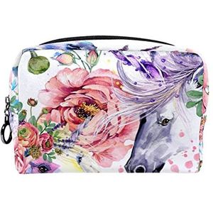 Cosmetische tas voor dames,kleine make-uptas voor portemonnee,Bloemen en kleurrijke paarden,Cosmetische reistas,make-uptasje
