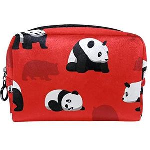 Cosmetische tas voor dames,kleine make-uptas voor portemonnee,rode achtergrond en panda,Cosmetische reistas,make-uptasje