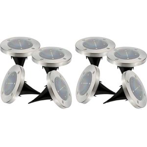 LUMI JARDIN 8 stuks solarlampen, rond, roestvrij staal, inbouwlamp of steeklamp, led, wit, diameter 12 cm