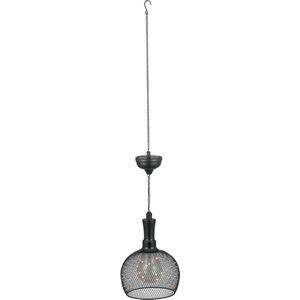 Hanglamp op zonne-energie, rond, doorgebroken, staal, kooi, draadgaas, LED, warm wit, 85 cm hoog