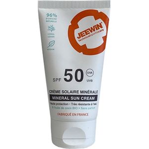 JEEWIN Zonnebrand SPF50 - 50gr (ideaal voor in de tas)| VEGAN | Koraalvriendelijk, geschikt voor Hawaii | Waterbestendig | Minerale UVA + UVB-filer - zonder NANO-Technologie en GEEN Microplastics | Trotse sponsor Stichting Sportclub Only Friends