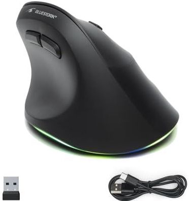 Bluestork - Ergonomische en verticale draadloze muis, Bluetooth-verbinding of USB-ontvanger, 800-2400 dpi, 6 knoppen, RGB LED, preventie muissyndroom, voor rechtshandigen, pc, Mac - Zwart - 2024