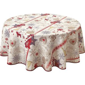 Le linge de Jules - Vrolijk Kerstfeest - Tafelkleed - Rond 160 cm - Bordeaux - Taupe - Goud