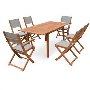 sweeek - Almeria houten tuinset, 120-180cm rechthoekige tafel, 2 fauteuils en 4 eucalyptus en textilene stoelen