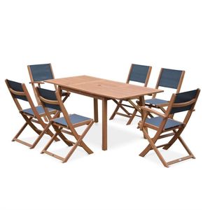 sweeek - Almeria houten tuinset, 120-180cm rechthoekige tafel, 2 fauteuils en 4 eucalyptus en textilene stoelen