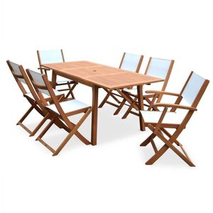 sweeek - Almeria houten tuinset, 120-180cm rechthoekige tafel, 2 fauteuils en 4 eucalyptus fsc en textilene stoelen