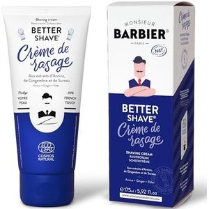 Crème à raser de Monsieur BARBIER | Végane, Naturelle et Française | Une mousse à raser dense et onctueuse | Rasage idéal pour les peaux sensibles | À base d'Arnica, Cyprès & Gingembre 175mL