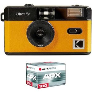 KODAK Set F9 Argentical + Film 100 ASA – Oplaadbare Camera, 35 mm Geel, Vaste Groothoeklens, Optische Zoeker, Geïntegreerde Flash + Film APX 100, 36 Poses