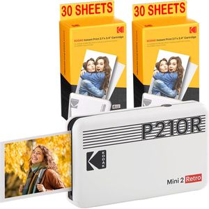 KODAK Mini-printer P210 Retro 2 + cartridge en papier voor 60 foto's, bluetooth-printer, foto's CB-formaat, 5,3 x 8,6 cm, lithiumbatterij, 4Pass thermische sublimatie