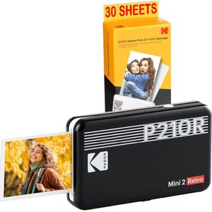 KODAK Mini printer P210 Retro 2 + cartridge en papier voor 30 foto's - Bluetooth verbonden printer - foto's CB-formaat 5,3 x 8,6 cm - lithiumbatterij - thermische sublimatie 4Pass
