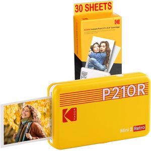 KODAK Mini printer P210 Retro 2 + cartridge en papier voor 30 foto's - Bluetooth verbonden printer - foto's CB-formaat 5,3 x 8,6 cm - lithiumbatterij - thermische sublimatie 4Pass
