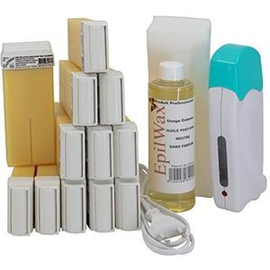 EpilWax Kit d'Épilation Solo Complet : chauffe cire professionnelle, 12 Roll-On cire epilation professionnelle 100 ml Blanche, 100 banden, 1flacon 250 ml huile après epilatie (Solo Série Blanche 12)