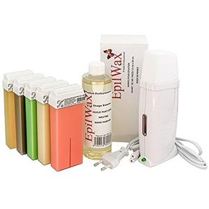 EpilWax - Kit Chauffe Cire Épilation Professionnelle avec 5 x Recharges Roll on Cire Chocolat/Vanille/Rose/Miel/Alèo Vera, 100 x Bandes d'Épilation et Huile après Épilation - Gamme Royal Multi