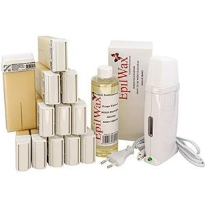 EpilWax Royal Ontharingsset, compleet met: Professionele waxverwarmer 12 Roll-On Wax 100 ml Wit, 100 ontharingsstrips, 1 fles 250 ml After Wax Oil (Royal Series White 12)