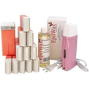 EpilWax Royal Ontharingsset compleet met: Professionele waxverwarmer, 12 roll-on waxen, 100 ml, roze, 100 ontharingsstrips, 1 fles 250 ml afterwaxolie - (Royal Series Pink 12)