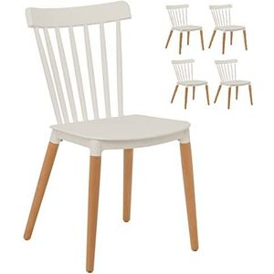 Kosmi - Set van 4 witte stoelen in Scandinavische stijl, popmodel met witte harsschaal en poten van natuurlijk hout
