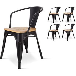 Kosmi - Set van 4 stoelen in industriële stijl, matzwart, zitting van licht hout met armleuningen