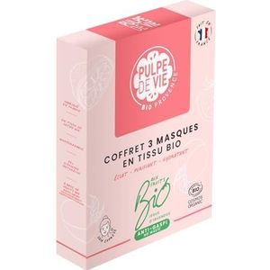 Pulpe de Vie - Set van 3 gezichtsmaskers van biologisch gecertificeerde stof - Anti-gaspis! Vruchten - Verheldert de huid - Triple Action - Zuiver - Hydrateren - Verlicht de huid