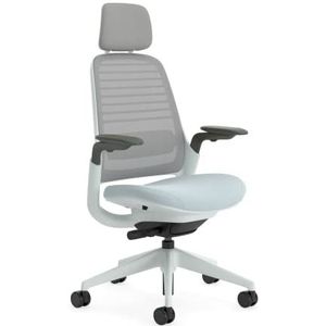 Steelcase Serie 1 ergonomische bureaustoel, in hoogte verstelbaar, lendensteun en armleuningen, mesh, rugleuning, grijs, ademend, lichtblauw, comfortabele zitting + verstelbare hoofdsteun
