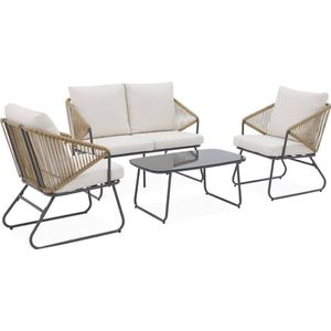 sweeek - Loungeset van metaal en natuurlijk hars, beige kussens, 4 zitplaatsen