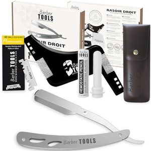 Scheerset voor heren – baardscheerapparaat voor heren/baardsnijder – met 50 eenvoudige mesjes + doek + aluinstick + opbergtas + scheerkam – grijs – Barber tools