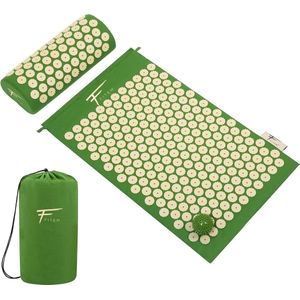 Fitem Acupressuurset – acupressuurmat + kussen + tas + massagebal – verlicht rug- en nekpijn – ontspanning van de spieren (groen-beige)