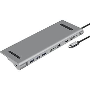 Heden HUB USB-C 10 poorten HDMI 4K/60HZ, RJ45 1000 Mpbs, VGA 3 x USB 3.0, USB-C oplaadkabel 100W Micro SD/SD, jack 3,5