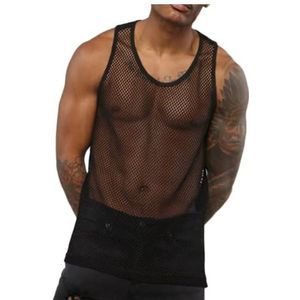 Men's See Through Fishnet Tank Top Mesh Sheer Undershirt Semi Thru (Color:Black,Size:M)