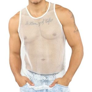 Men's See Through Fishnet Tank Top Mesh Sheer Undershirt Semi Thru (Color:White,Size:M)
