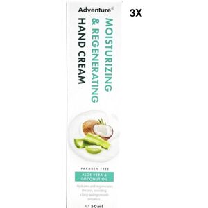 AANBOD 3X Adventure Hydraterende & Regenererende Handcrème met Aloë & Kokosolie Extracten 50ml paraben free