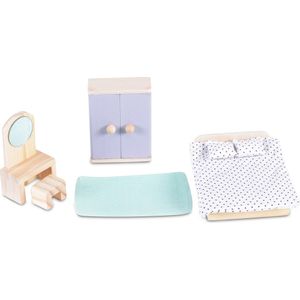 Moni Holz-Puppenmöbel Schlafzimmer 4012 Bett Schrank Schminktisch Stuhl Zubehör bunt