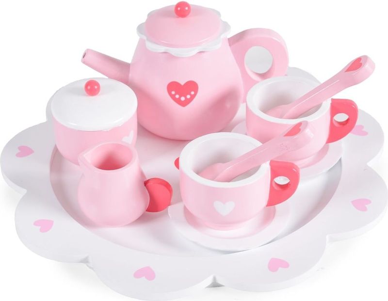 Moni Kinder Teeservice Herz 005 Holz 10-teilig, Kanne, Tassen, Löffel, Teller rosa