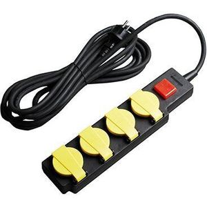 Waterbestendige Stekkerdoos 4-voudig | Geaard | 5M kabel | Zwart | Aan/Uit Schakelaar