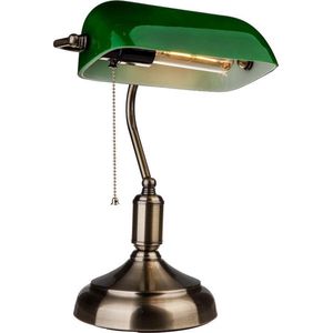 Relaxdays bankierslamp groen, houten voet, bibliotheeklamp, retro, messing look, E27, 26,5 x 43 x 18 cm, groen