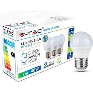V-tac VT-2176 3-pack LED lampen kogel - E27 - 5.5W - 470 Lm - 2700K