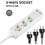 Stekkerdozen - Wit - 3-Weg Socket - 2 USB Poorten